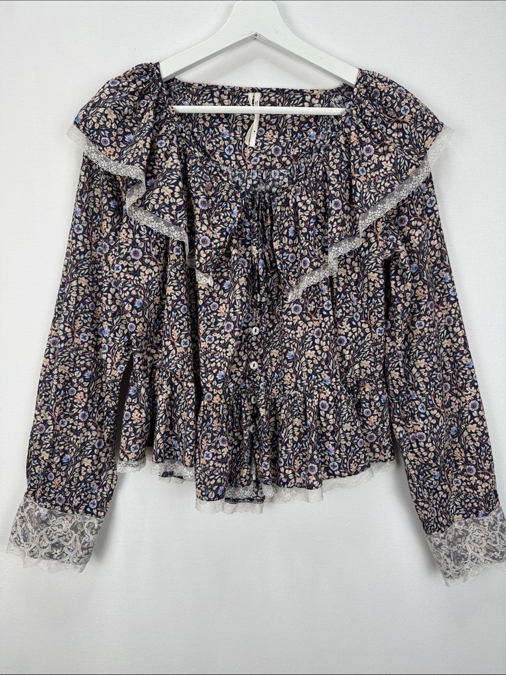 By Anthropologie Victoriana Ruffle-Collar Top in a navy floral print